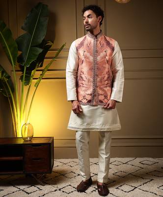 Men's peach slub silk jacquard 3d weaving kurta set with nehru jacket 1