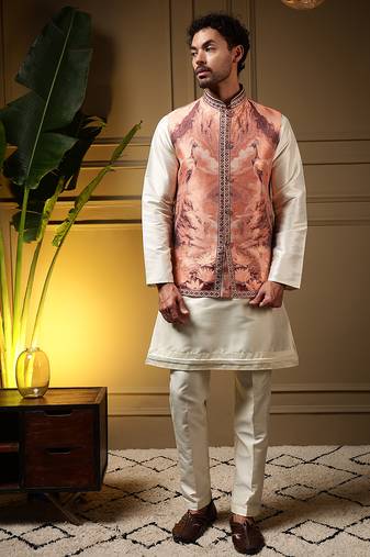 Men's peach slub silk jacquard 3d weaving kurta set with nehru jacket