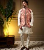Men's peach slub silk jacquard 3d weaving kurta set with nehru jacket