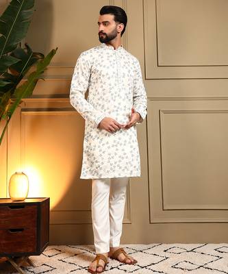 Men's off white royal silk sequins embroidered kurta with pajama set 2