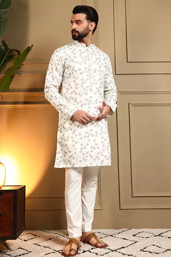 Men's off white royal silk sequins embroidered kurta with pajama set