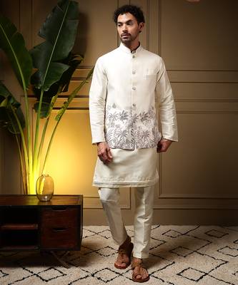Men's purple slub silk sequins embroidered kurta set with nehru jacket 1