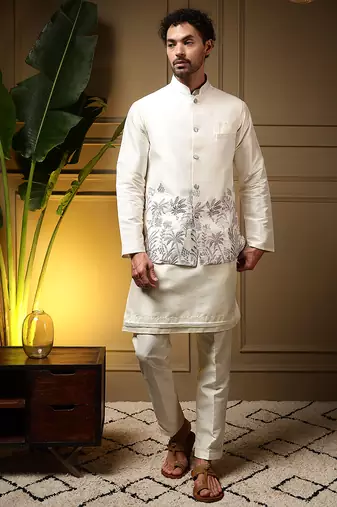 Men's purple slub silk sequins embroidered kurta set with nehru jacket