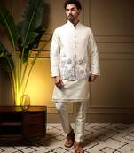 Men's purple slub silk sequins embroidered kurta set with nehru jacket