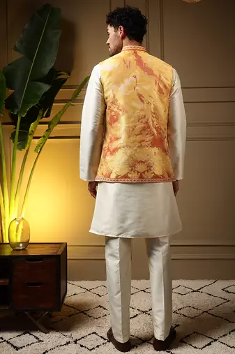Men's yellow slub silk jacquard 3d weaving kurta set with nehru jacket
