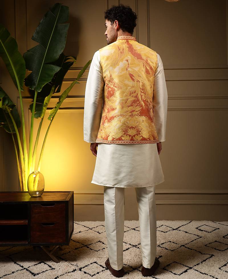 Men's yellow slub silk jacquard 3d weaving kurta set with nehru jacket