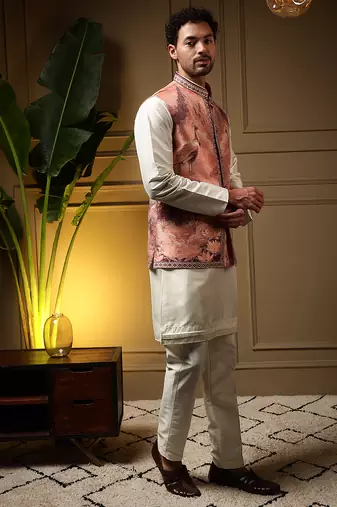 Men's peach slub silk jacquard 3d weaving kurta set with nehru jacket
