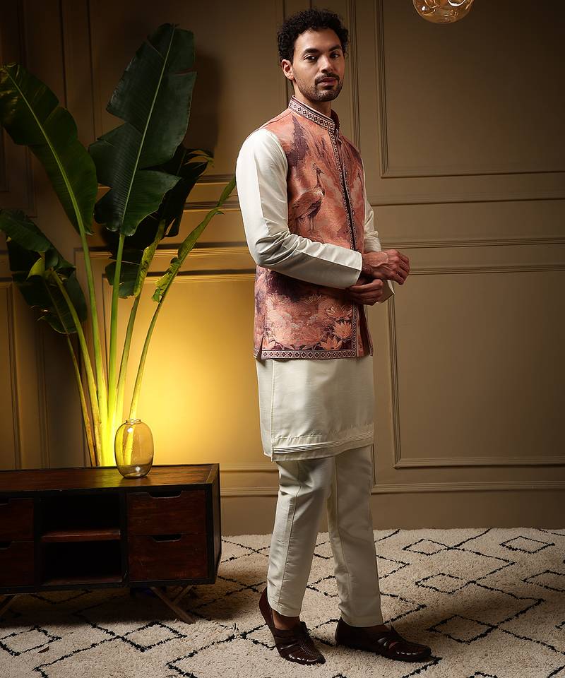 Men's peach slub silk jacquard 3d weaving kurta set with nehru jacket