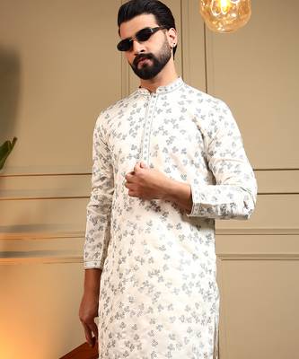 Men's off white royal silk sequins embroidered kurta with pajama set 3