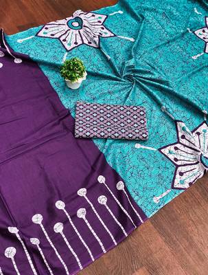 Purple batik print mulmul cotton saree with blouse. 5