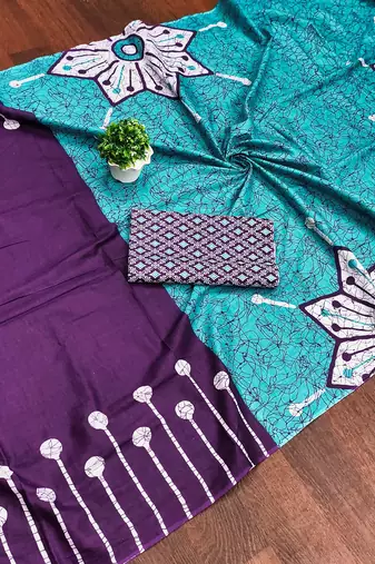 Purple batik print mulmul cotton saree with blouse.