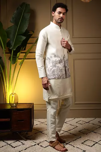 Men's purple slub silk sequins embroidered kurta set with nehru jacket