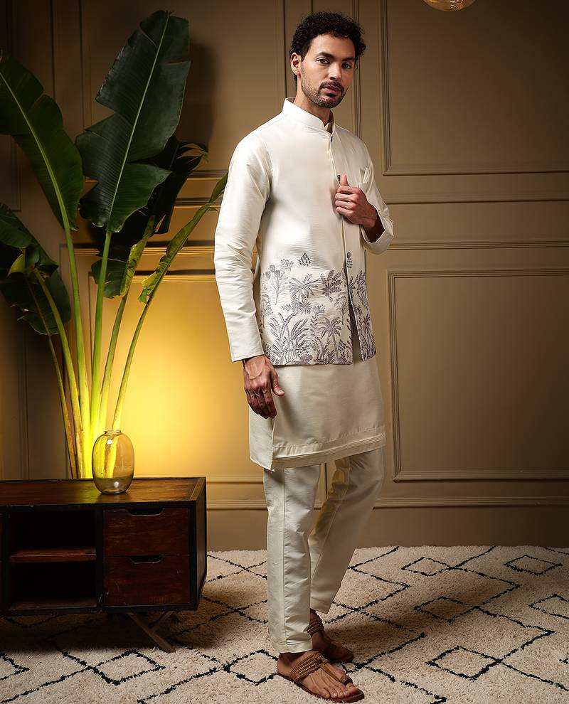 Men's purple slub silk sequins embroidered kurta set with nehru jacket