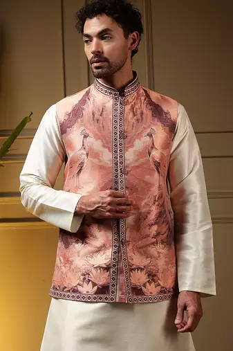 Men's peach slub silk jacquard 3d weaving kurta set with nehru jacket