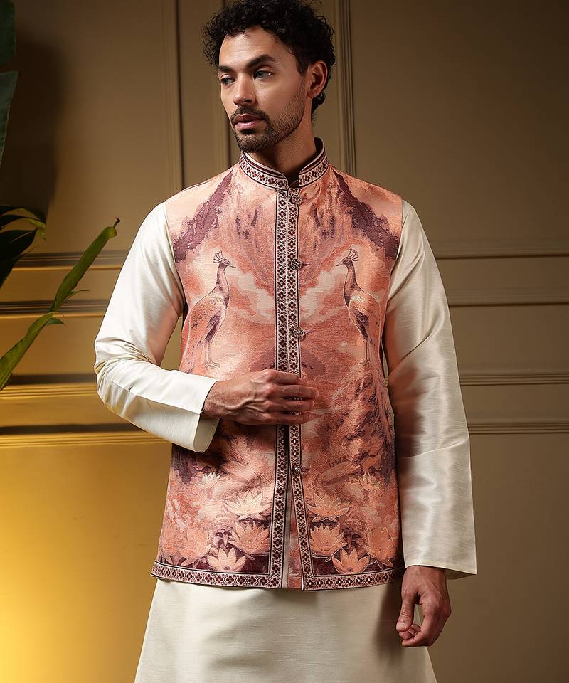 Men's peach slub silk jacquard 3d weaving kurta set with nehru jacket