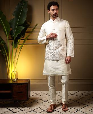 Men's peach slub silk sequins embroidered kurta set with nehru jacket 1