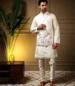Men's peach slub silk sequins embroidered kurta set with nehru jacket
