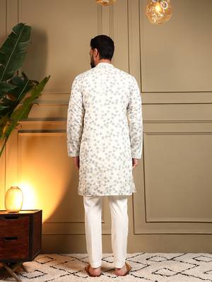 Men's off white royal silk sequins embroidered kurta with pajama set 5