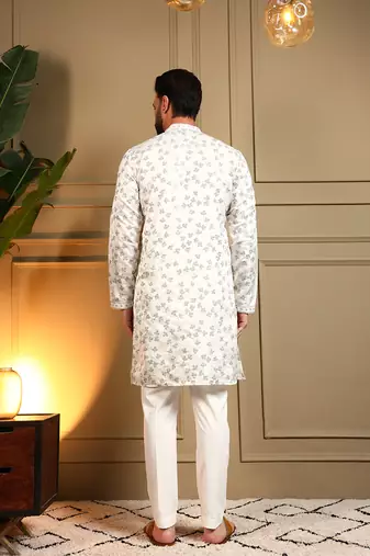 Men's off white royal silk sequins embroidered kurta with pajama set