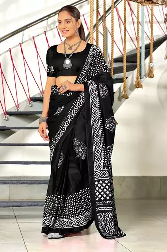 Black batik print mulmul cotton saree with blouse.