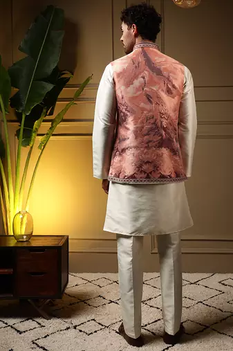 Men's peach slub silk jacquard 3d weaving kurta set with nehru jacket