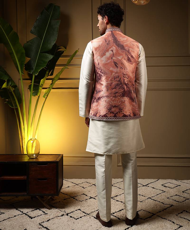 Men's peach slub silk jacquard 3d weaving kurta set with nehru jacket
