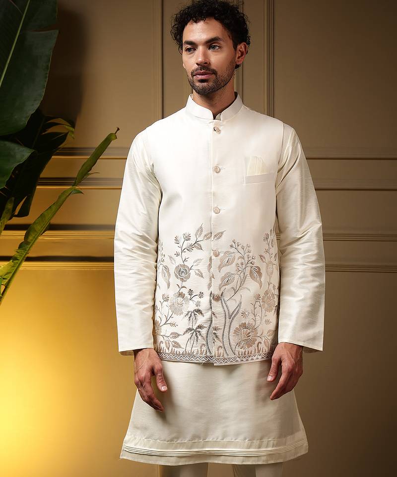 Men's peach slub silk sequins embroidered kurta set with nehru jacket