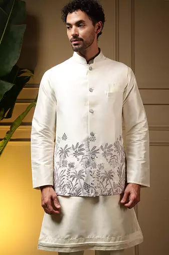 Men's purple slub silk sequins embroidered kurta set with nehru jacket