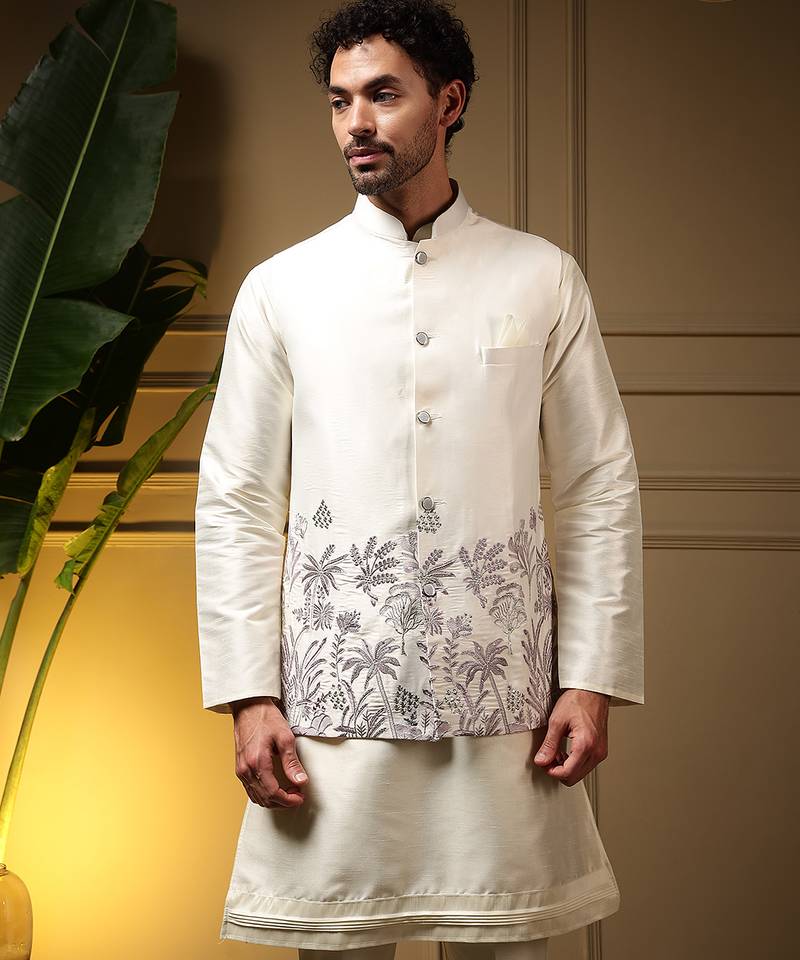 Men's purple slub silk sequins embroidered kurta set with nehru jacket