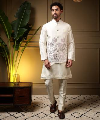 Men's pink slub silk sequins embroidered kurta set with nehru jacket 1