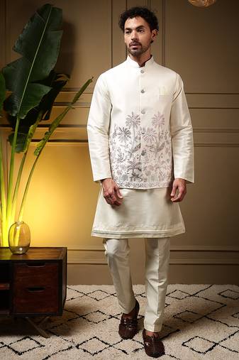Men's pink slub silk sequins embroidered kurta set with nehru jacket