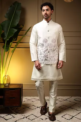 Men's pink slub silk sequins embroidered kurta set with nehru jacket