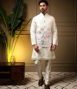 Men's pink slub silk sequins embroidered kurta set with nehru jacket