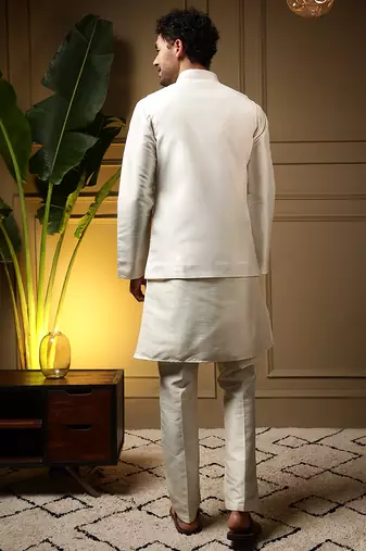 Men's peach slub silk sequins embroidered kurta set with nehru jacket