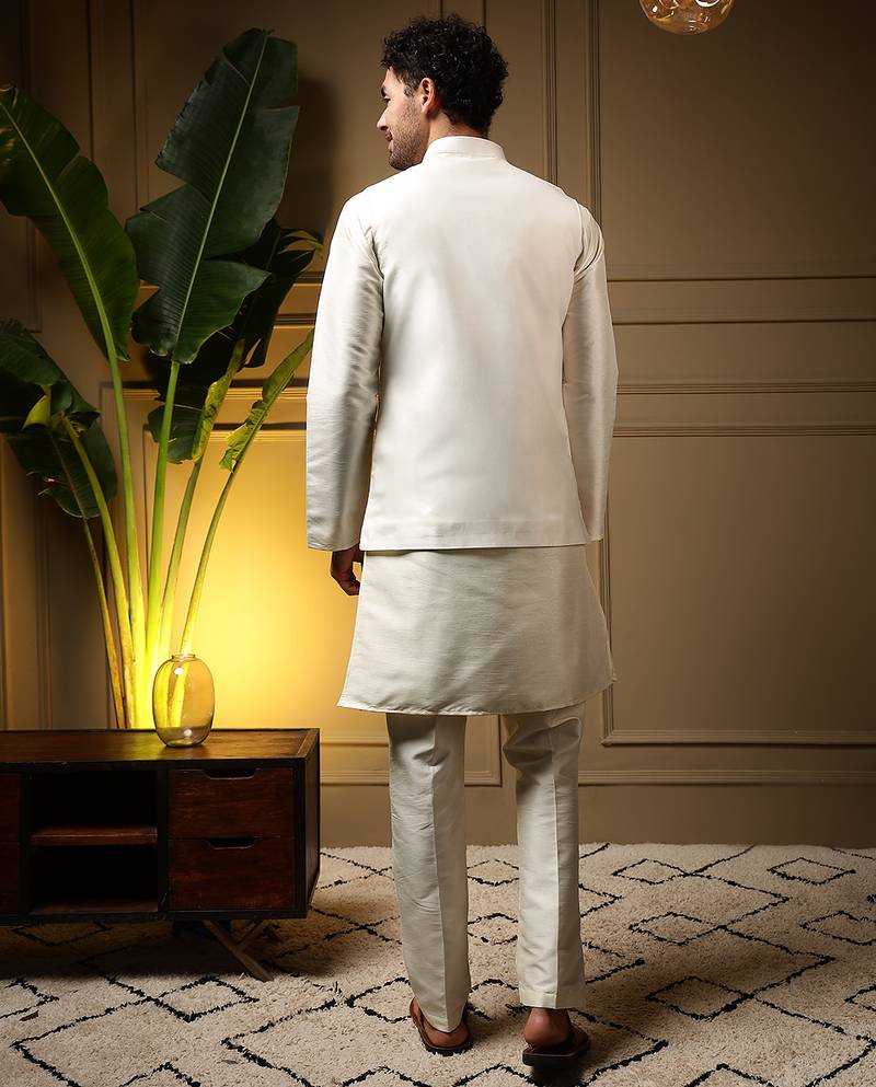 Men's peach slub silk sequins embroidered kurta set with nehru jacket