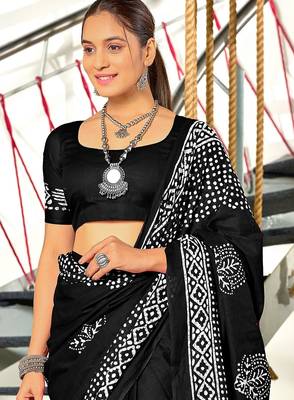 Black batik print mulmul cotton saree with blouse. 2