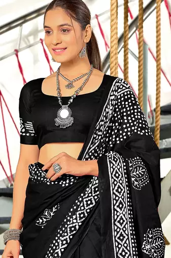 Black batik print mulmul cotton saree with blouse.