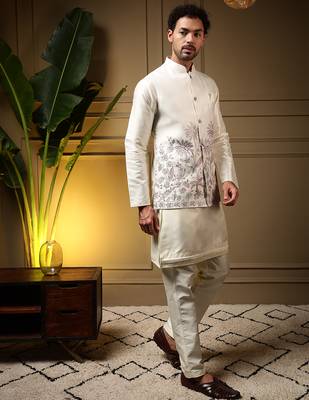 Men's pink slub silk sequins embroidered kurta set with nehru jacket 2