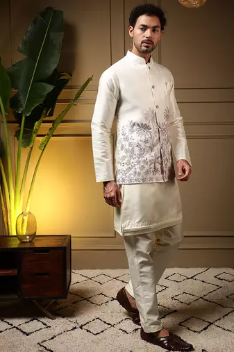 Men's pink slub silk sequins embroidered kurta set with nehru jacket