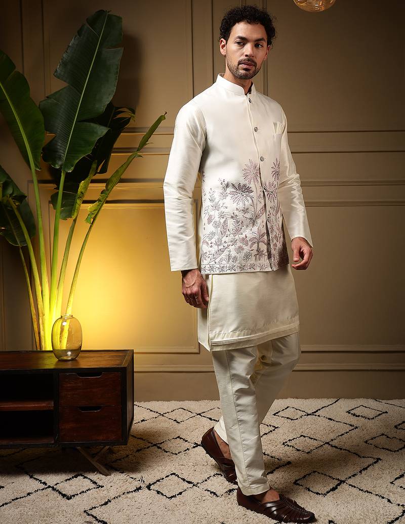Men's pink slub silk sequins embroidered kurta set with nehru jacket