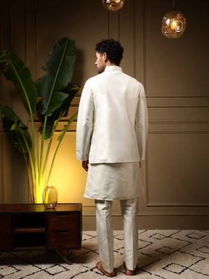 Men's purple slub silk sequins embroidered kurta set with nehru jacket 5