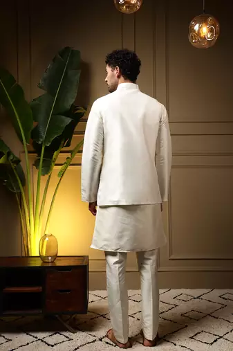 Men's purple slub silk sequins embroidered kurta set with nehru jacket