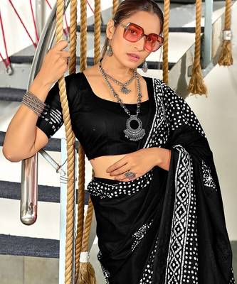 Black batik print mulmul cotton saree with blouse. 3