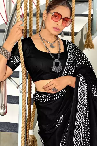 Black batik print mulmul cotton saree with blouse.