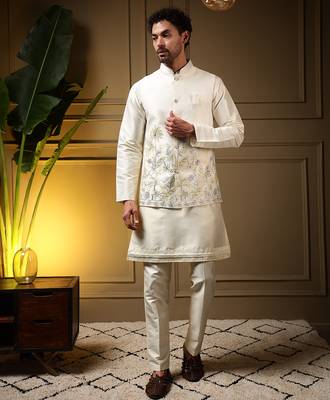 Men's yellow slub silk sequins embroidered kurta set with nehru jacket 1
