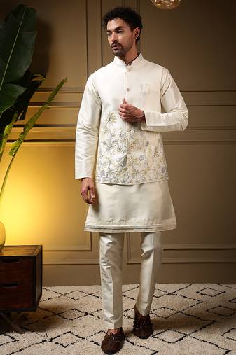Men's yellow slub silk sequins embroidered kurta set with nehru jacket