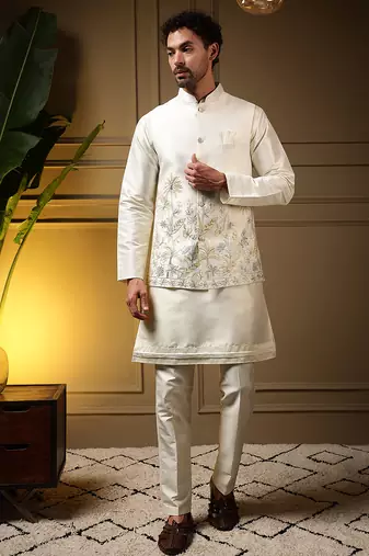 Men's yellow slub silk sequins embroidered kurta set with nehru jacket