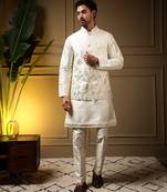 Men's yellow slub silk sequins embroidered kurta set with nehru jacket