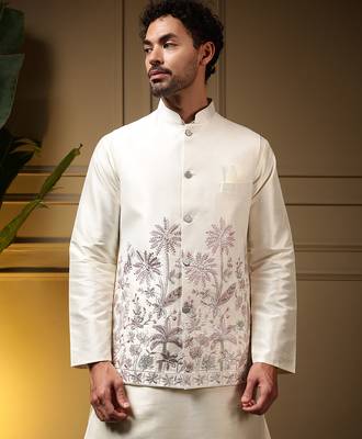 Men's pink slub silk sequins embroidered kurta set with nehru jacket 3