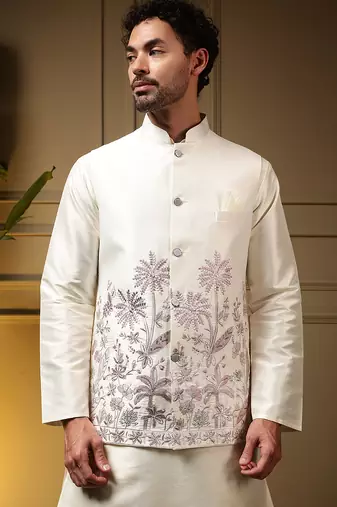 Men's pink slub silk sequins embroidered kurta set with nehru jacket